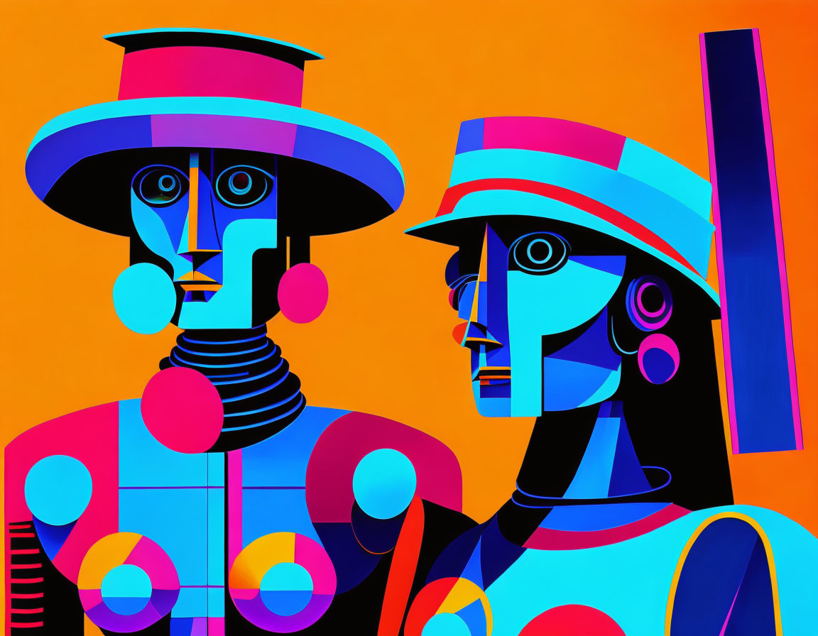 Abstract cubist art: Vibrant robot-like figures with hats on orange background