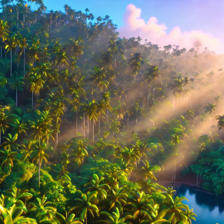 Tropical Forest Canopy Sunlight on River at Dawn