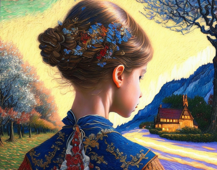 Portrait of girl with flower-adorned hair gazing at twilight landscape