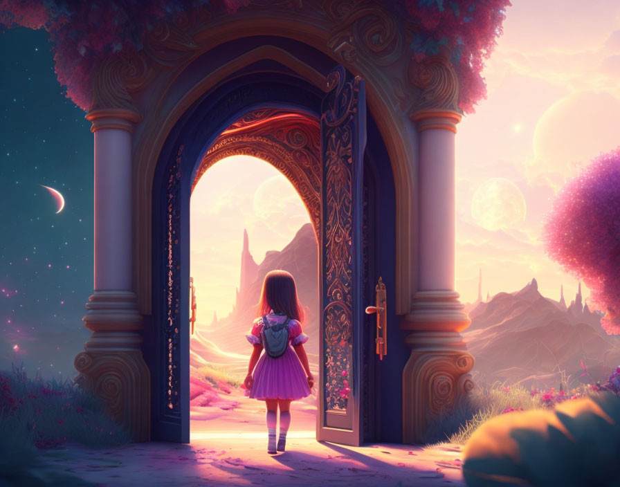 Young girl gazes at surreal landscape through ornate door