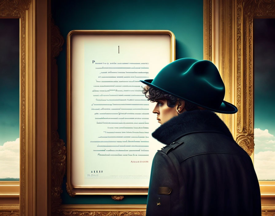 Profile portrait with blue hat gazing at ornate framed document