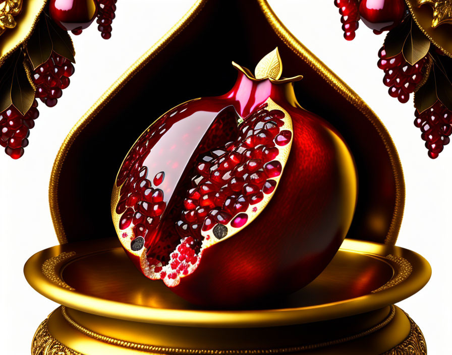 Detailed illustration of sliced pomegranate on golden pedestal