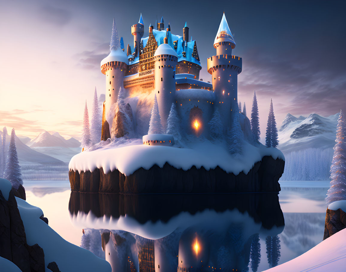 Fantasy castle on floating island with snow-covered trees, mountains, and tranquil water at twilight