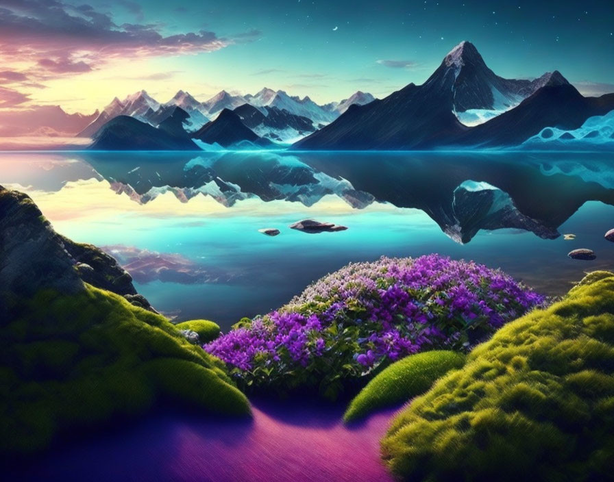 Serene landscape with purple flowers, green hills, lake, mountains at dusk