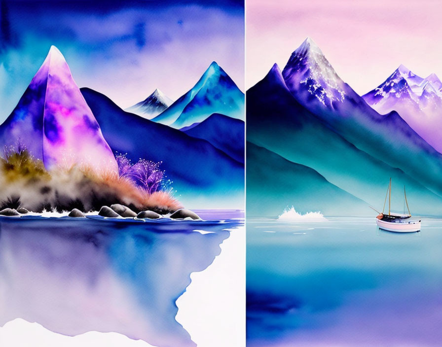 Split image: Purple-hued mountains and foliage next to serene waters with a boat under gradient sky