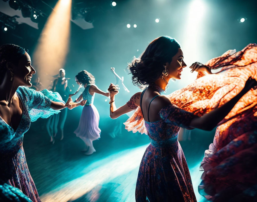 Vibrant backlit scene of women joyfully dancing