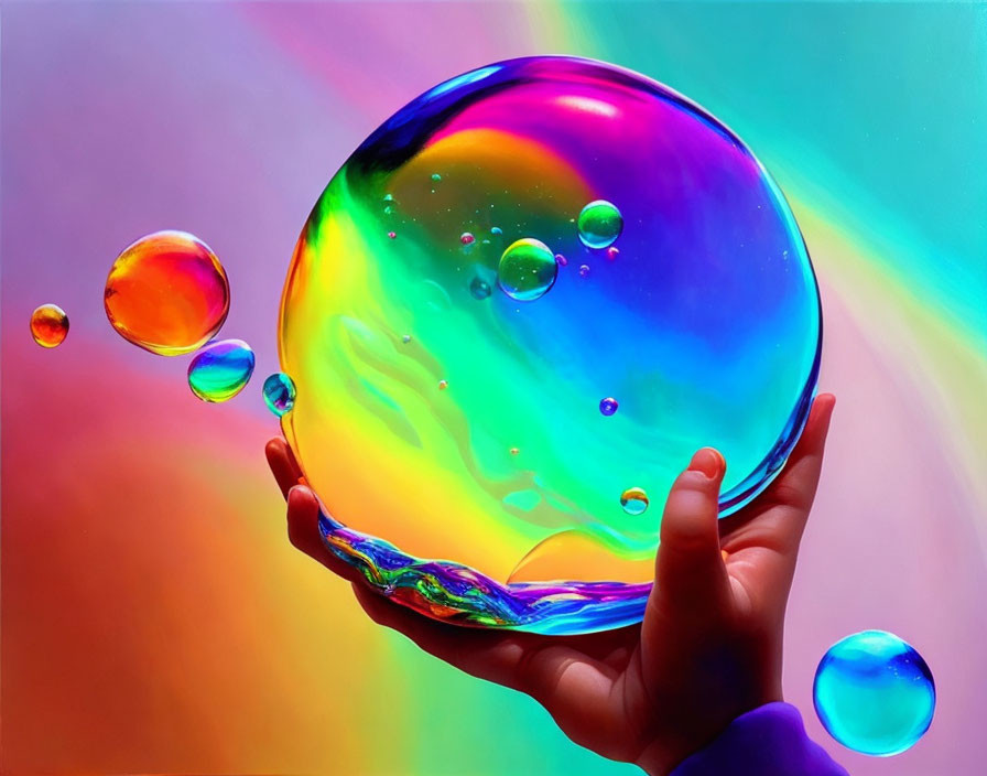 Hand Holding Iridescent Bubble with Colorful Background