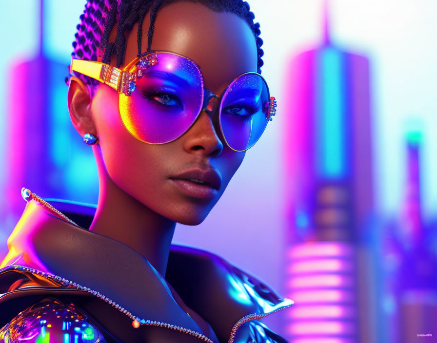 Braided hair woman with futuristic glasses in neon-lit cyberpunk cityscape