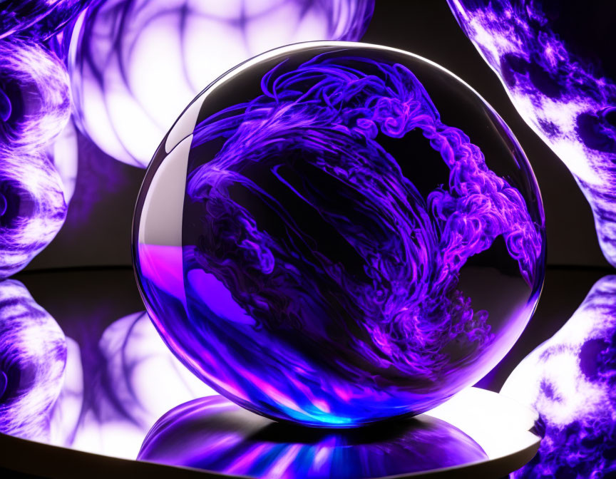 Glass sphere with swirling purple and blue nebula against glowing orbs