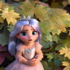 Silver-haired princess surrounded by golden autumn leaves in 3D animation