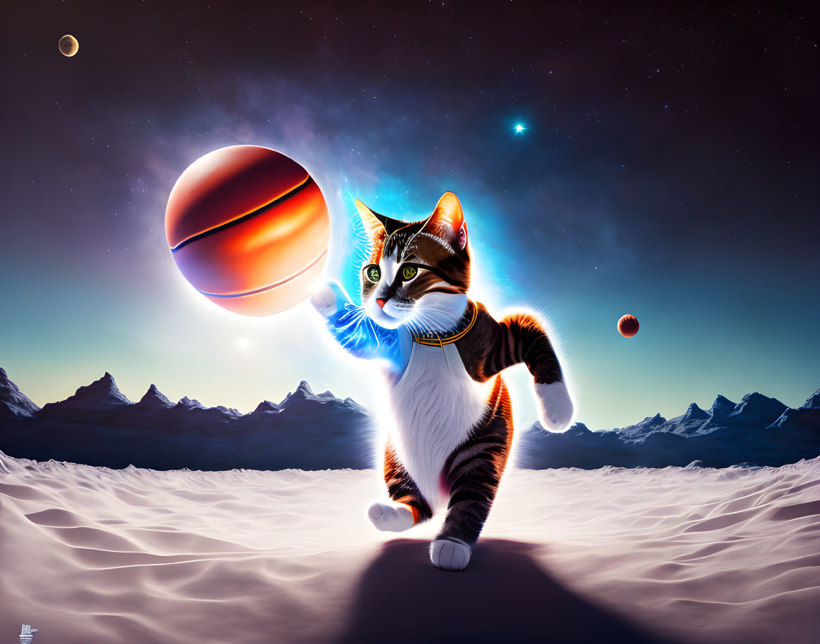 Futuristic cosmic cat plays with planet in snowy mountain scene