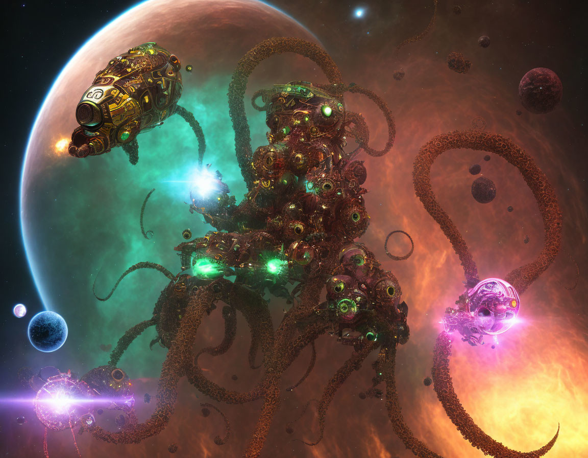 Sci-fi digital artwork featuring spacecrafts and mechanical tentacles among colorful planets