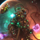 Sci-fi digital artwork featuring spacecrafts and mechanical tentacles among colorful planets