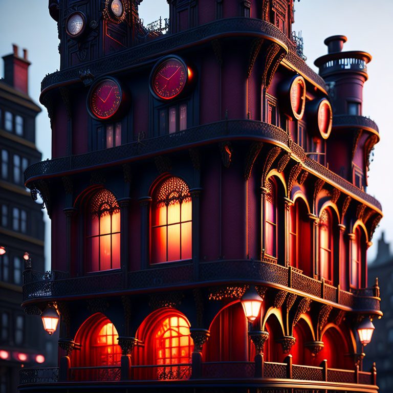 Gothic-style building with red windows and vintage clocks at dusk