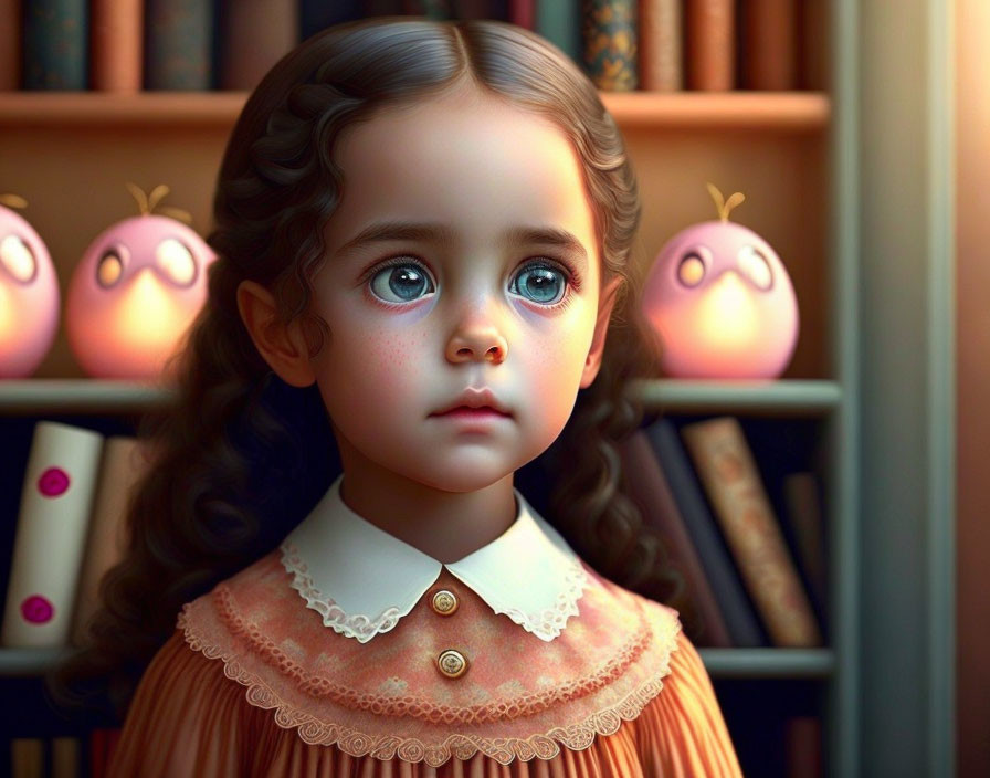 Digital art featuring young girl with expressive eyes among books and stylized apple characters