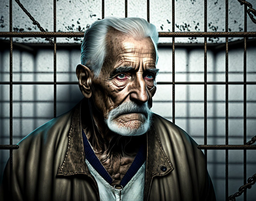 Elderly man with white mustache in jacket sits by metal grate