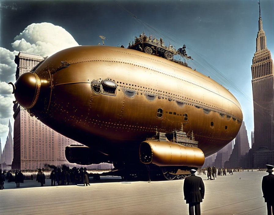 Bronze-hued airship in bustling cityscape with art deco buildings