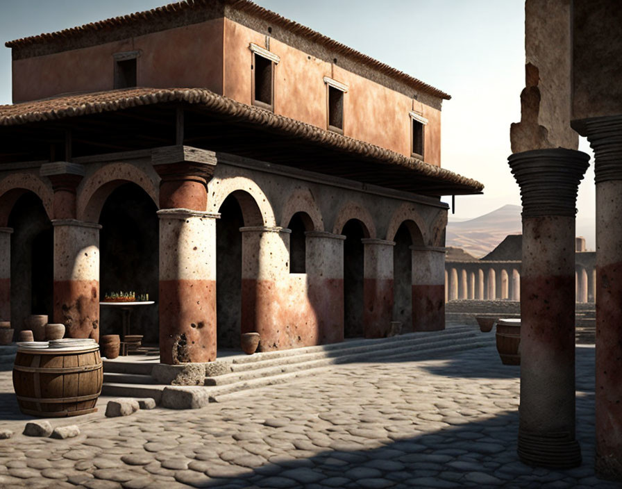 Tuscan-style Courtyard with Cobblestone Floor and Terracotta Walls