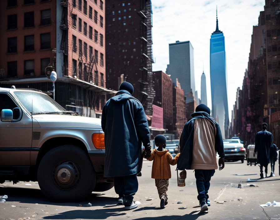 Family walking in city with high-rise buildings and clear sky