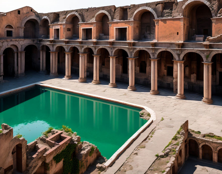 Ancient pool and columned arcades with weathered orange walls under clear sky.