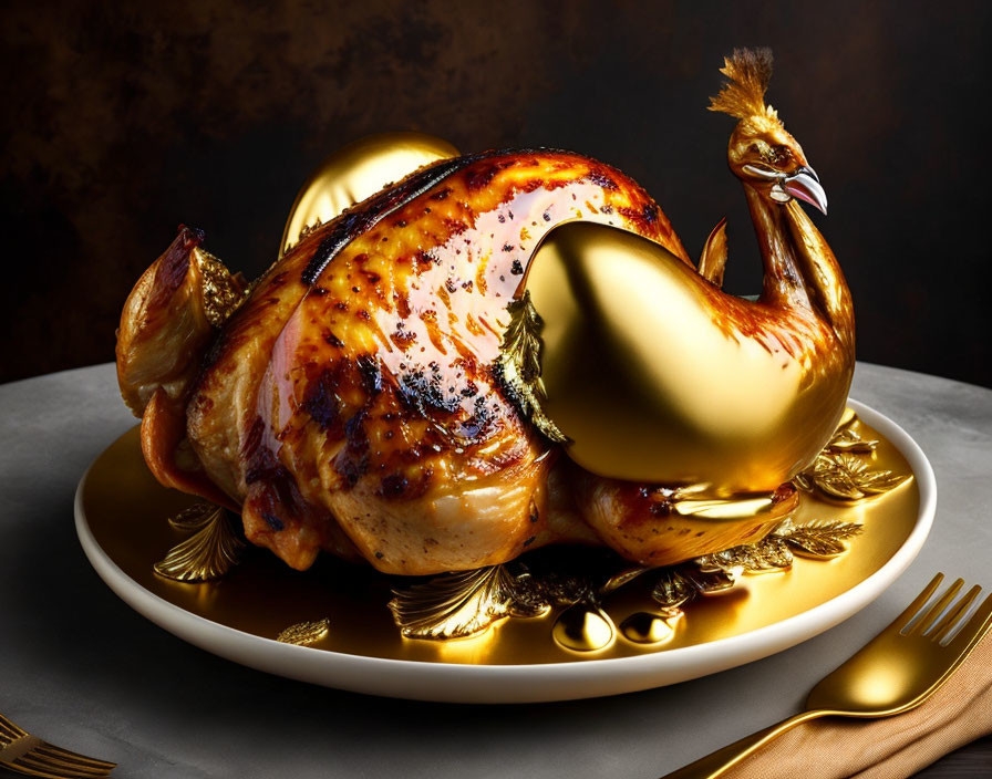 Roasted chicken split into normal meat and golden sculpture on ornate plate