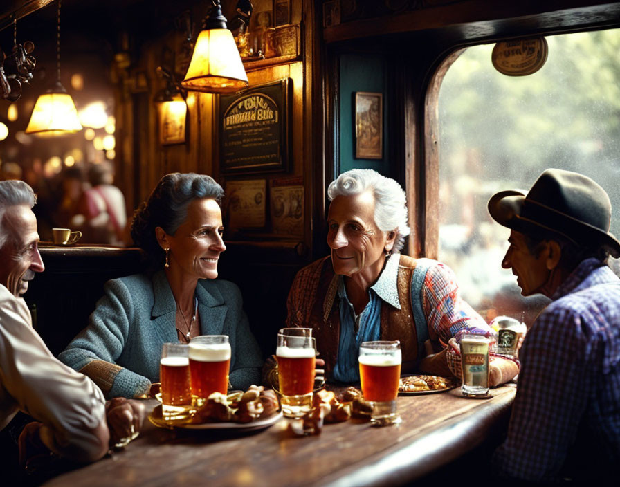 Elderly friends socializing in cozy pub with vintage decor