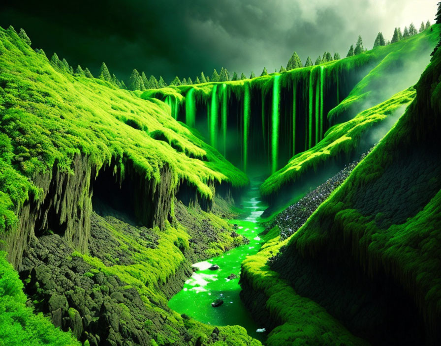 Lush Green Landscape with Cascading Waterfalls