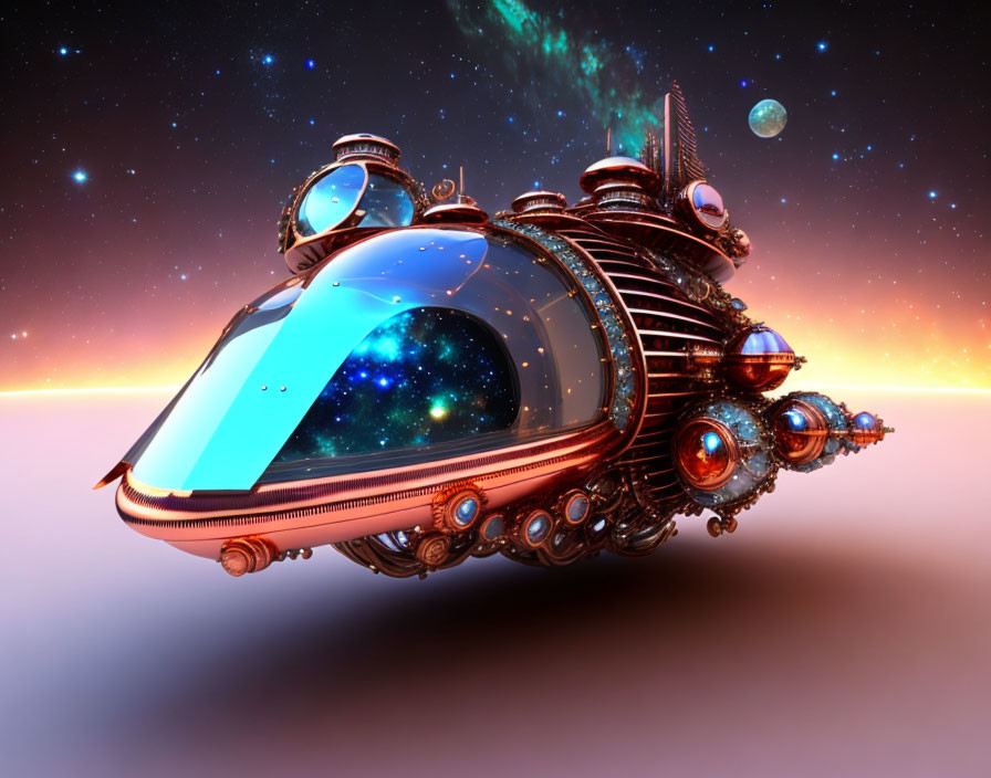 Steampunk-style spaceship with ornate details in cosmic backdrop