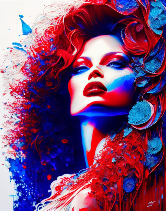 Colorful digital artwork: woman with red hair and blue skin in floral setting