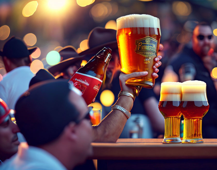 Outdoor gathering with person pouring beer into glass