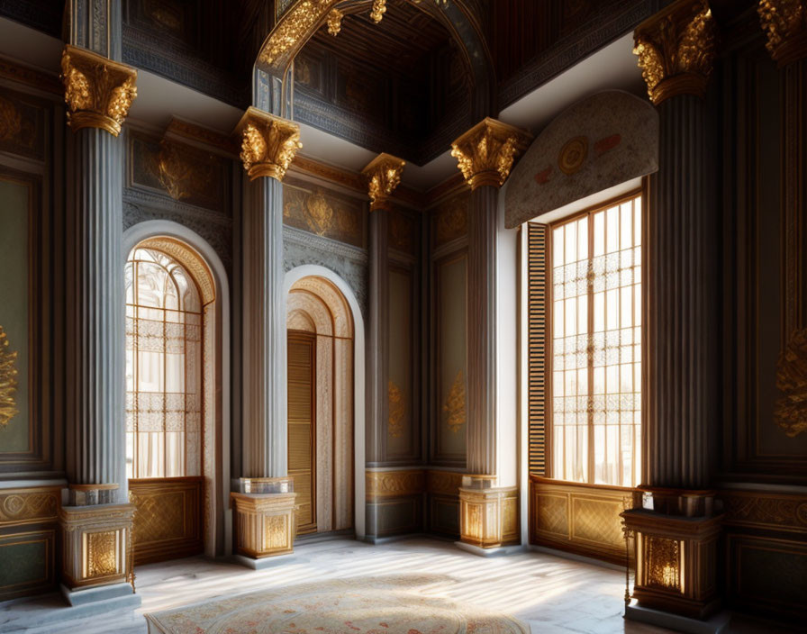 Luxurious Room with Golden Columns and Tall Windows