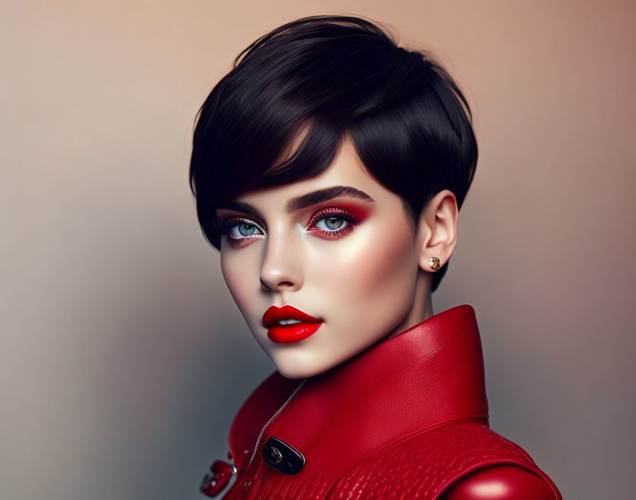 Portrait of person with short dark hair, blue eyes, red makeup, and red leather jacket