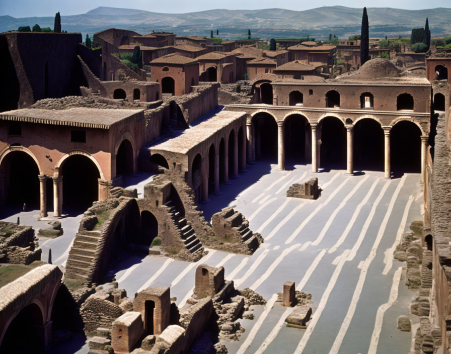 Ancient Roman amphitheater ruins with arches and surrounding structures under clear sky