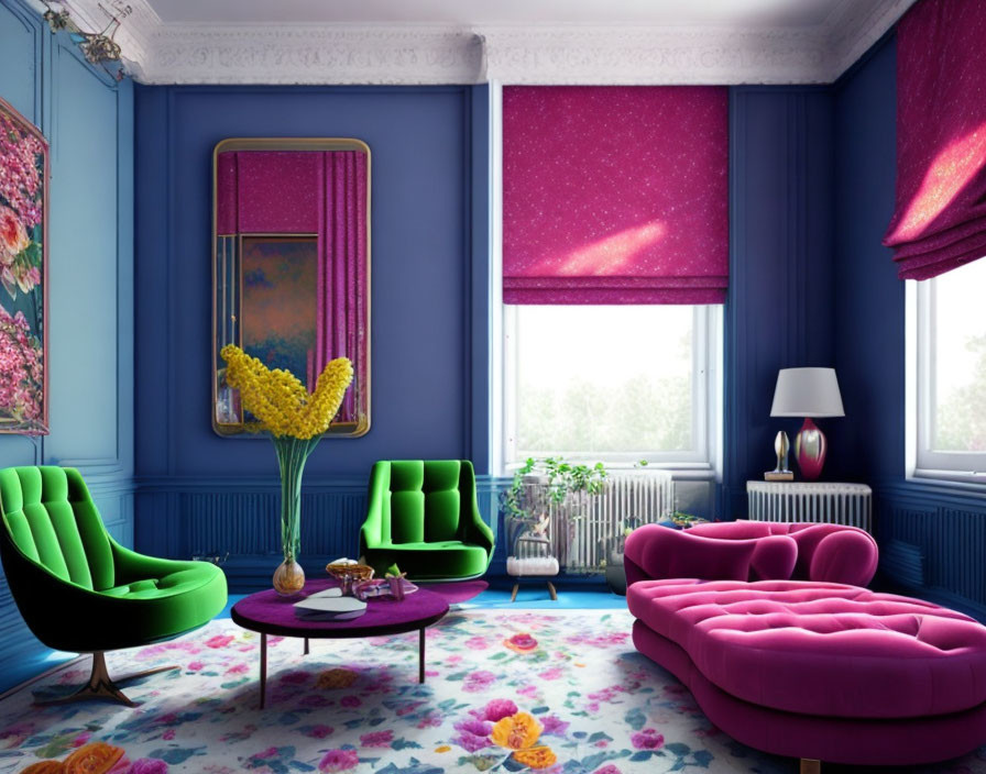 Colorful Room Decor with Blue Walls, Pink Couch, Green Armchairs, Floral Curtains,