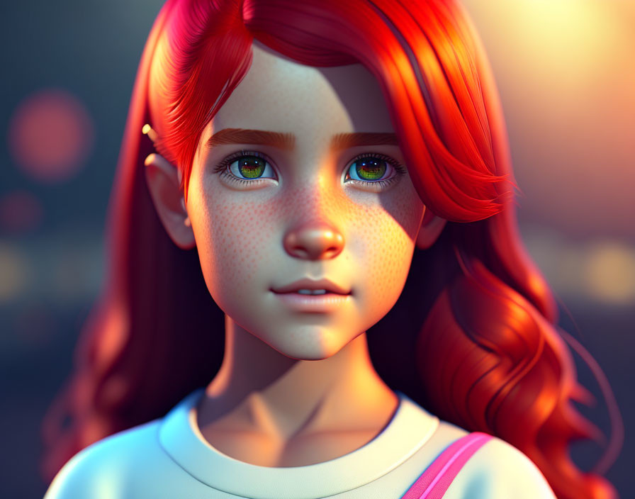 Vibrant red-haired girl with green eyes and freckles under warm light