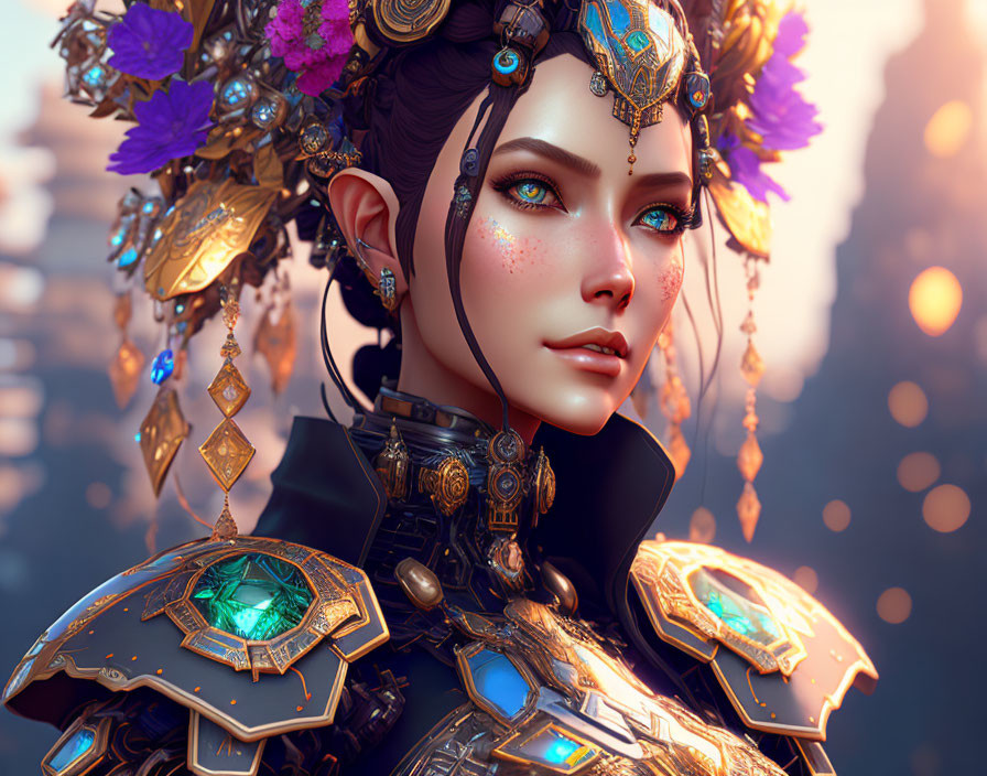 Detailed Digital Artwork: Female Character in Ornate Armor with Jeweled Headdress