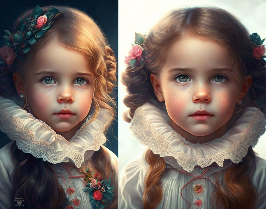 Young girl portrait with flowing hair and lace collar in two styles