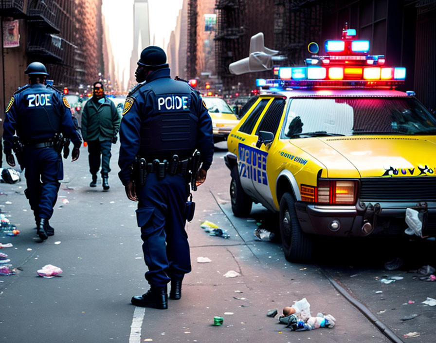 Law enforcement officers on littered street with patrol car lights.