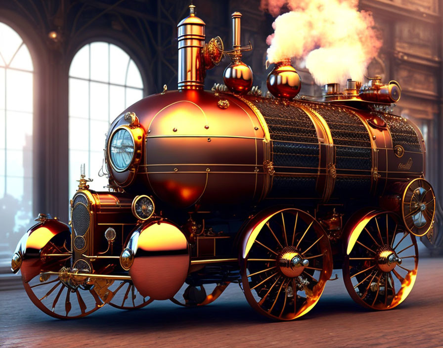 Shiny steampunk locomotive with gold details in vintage train station