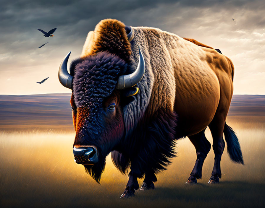 Majestic bison in golden field with birds at twilight