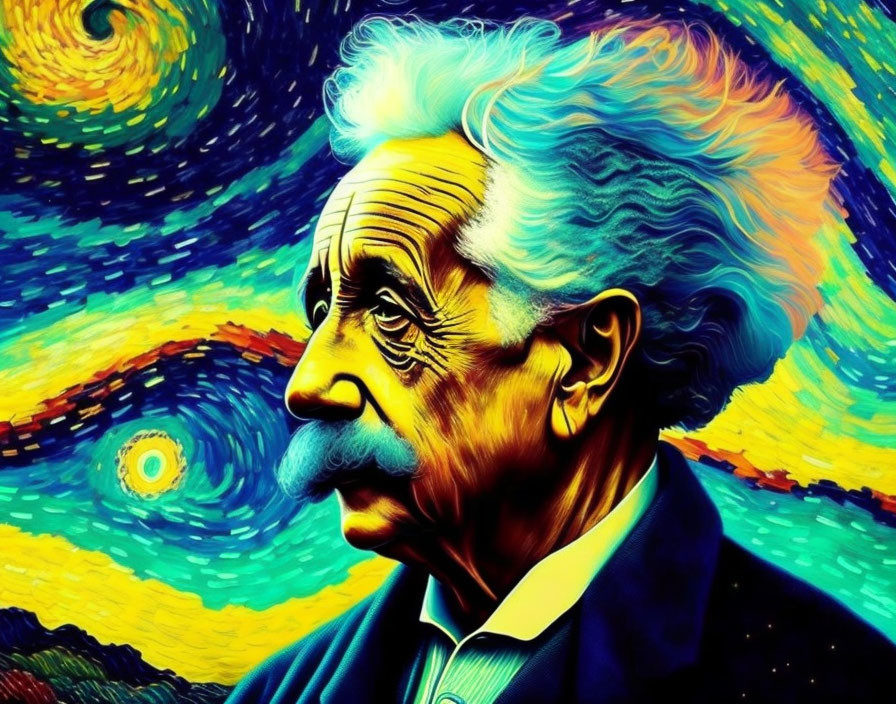 Colorful artwork of a contemplative man with white hair and mustache in Van Gogh-inspired setting