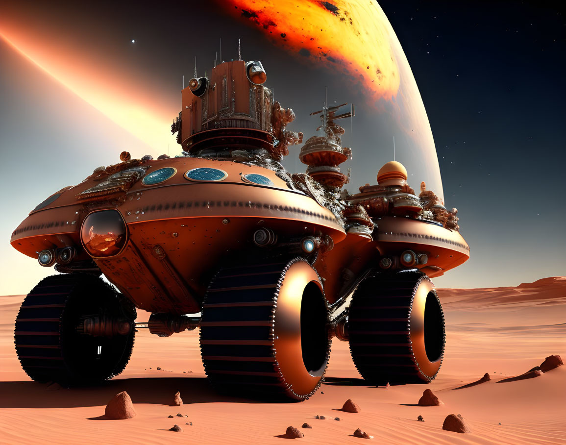 Futuristic rover exploring alien desert under giant planet