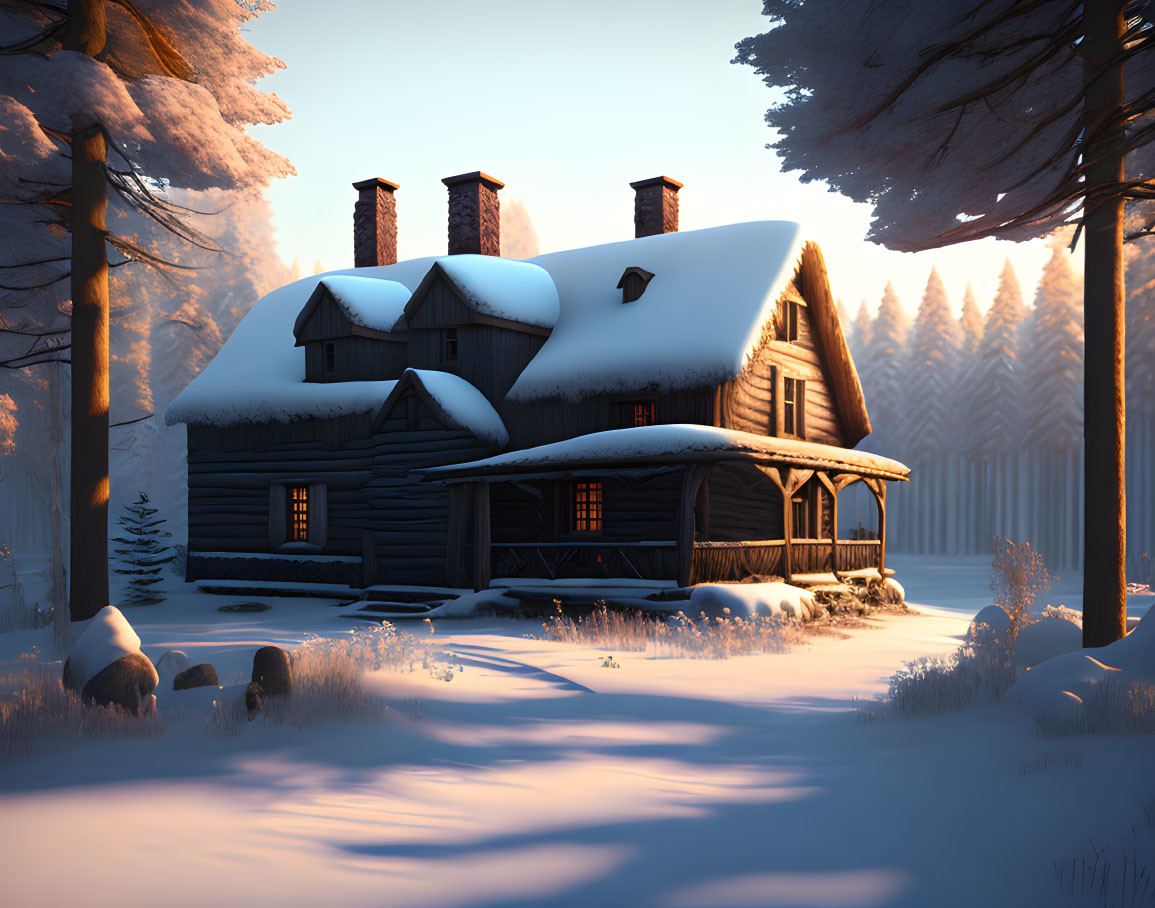 Snow-covered log cabin in serene winter scene.