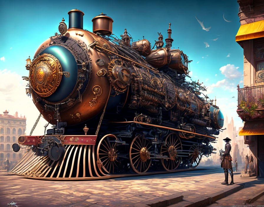 Steampunk-inspired locomotive with intricate detailing at a station