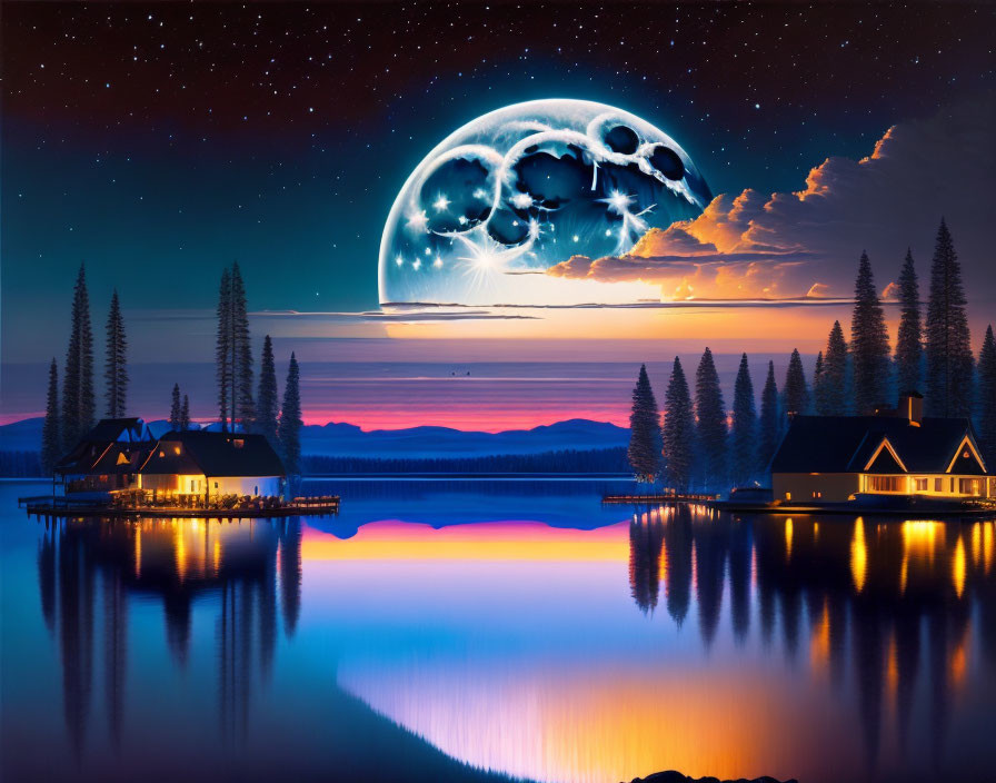 Surreal moonlit landscape with houses by calm lake