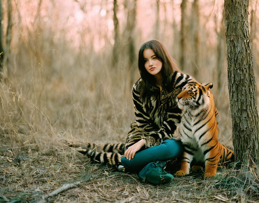 Woman in tiger-striped coat sits with tiger in forest