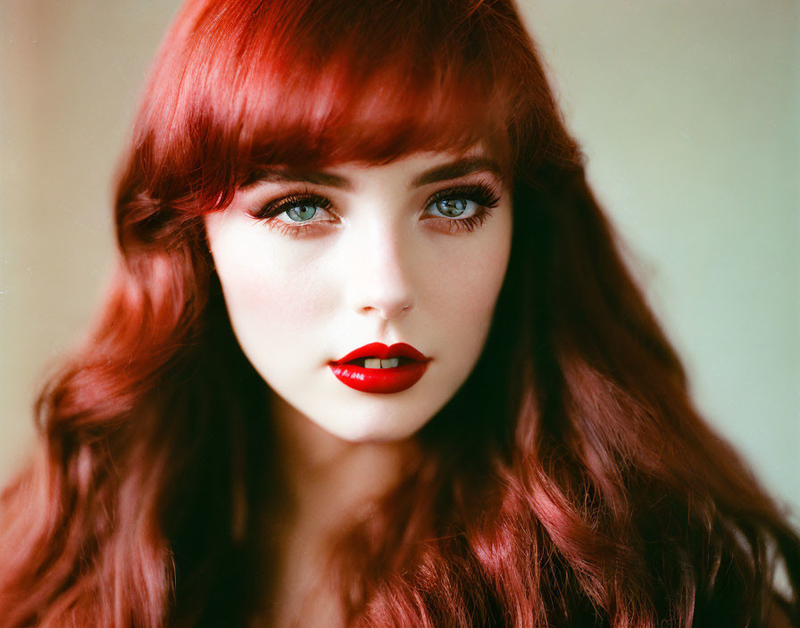 Portrait of woman with red hair, fair skin, blue eyes, and red lipstick