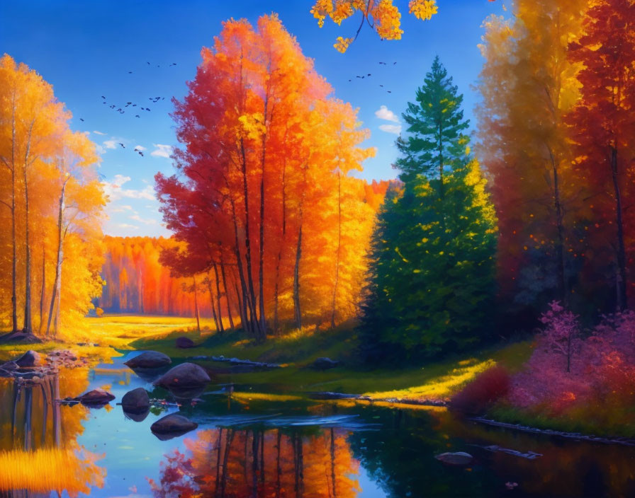 Autumn landscape: orange and yellow foliage, serene river, blue sky, flying birds