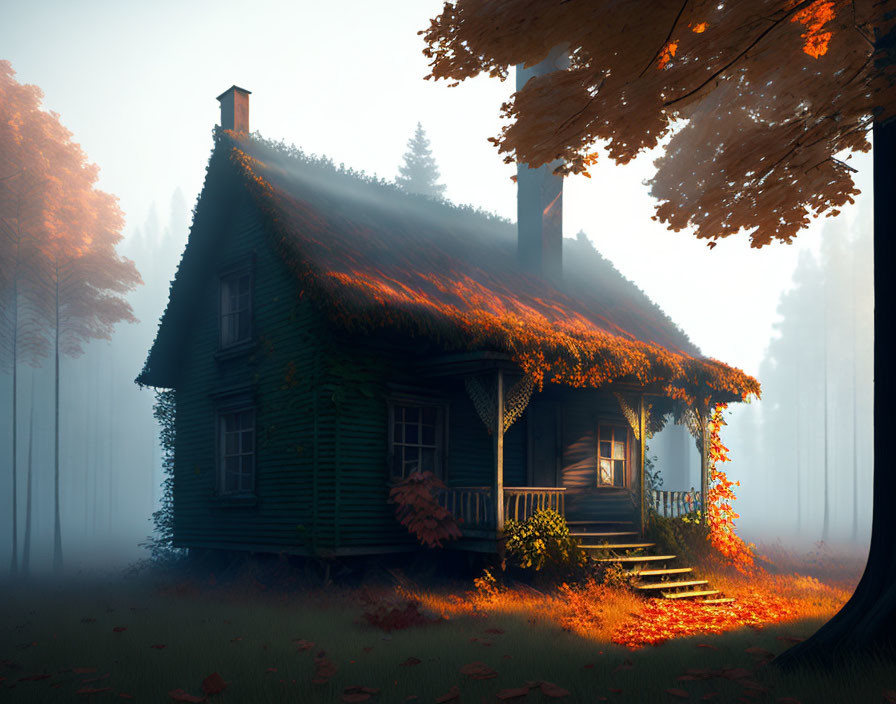 Green wooden cottage in misty forest with autumn trees