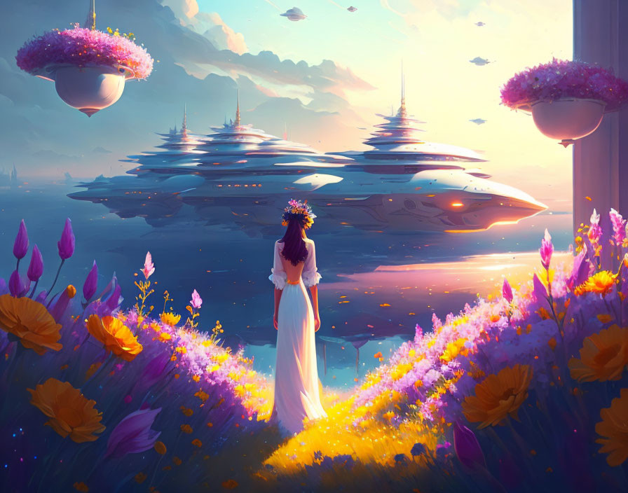 Woman in white dress in vibrant, flower-filled landscape with floating islands and futuristic ships at sunset